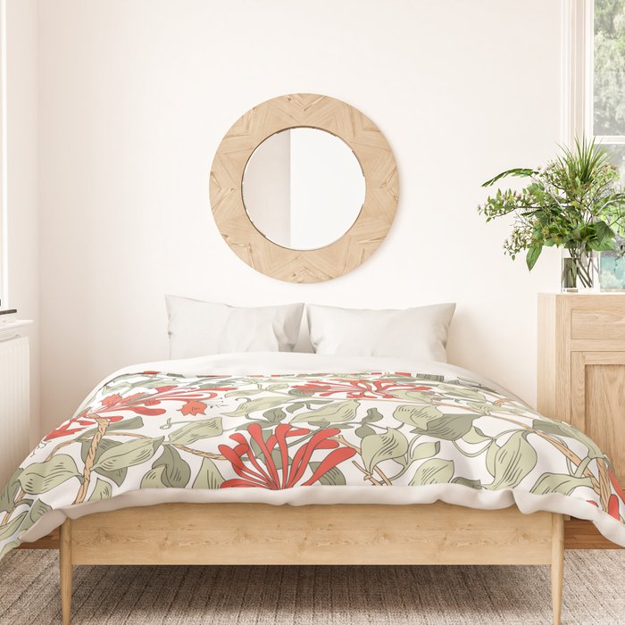 William Morris Honeysuckle Floral Coral Red Green & White Duvet Cover Gallery Image 3