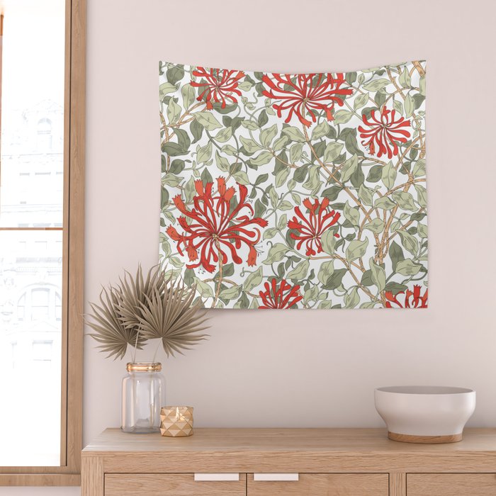 William Morris Honeysuckle Floral Coral Red Green & White Wall Tapestry Gallery Image 2