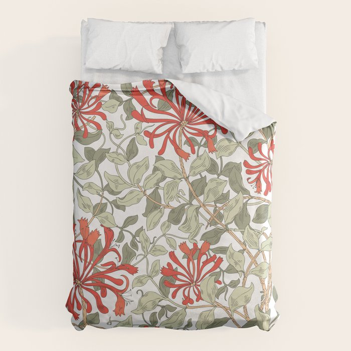 William Morris Honeysuckle Floral Coral Red Green & White Duvet Cover Gallery Image 6