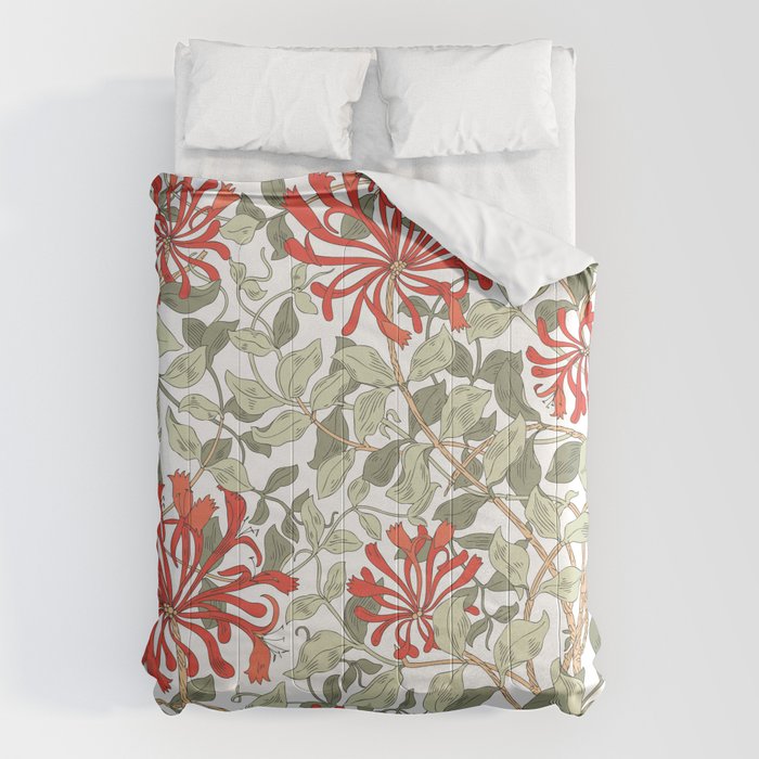 William Morris Honeysuckle Floral Coral Red Green & White Comforter Gallery Image 6