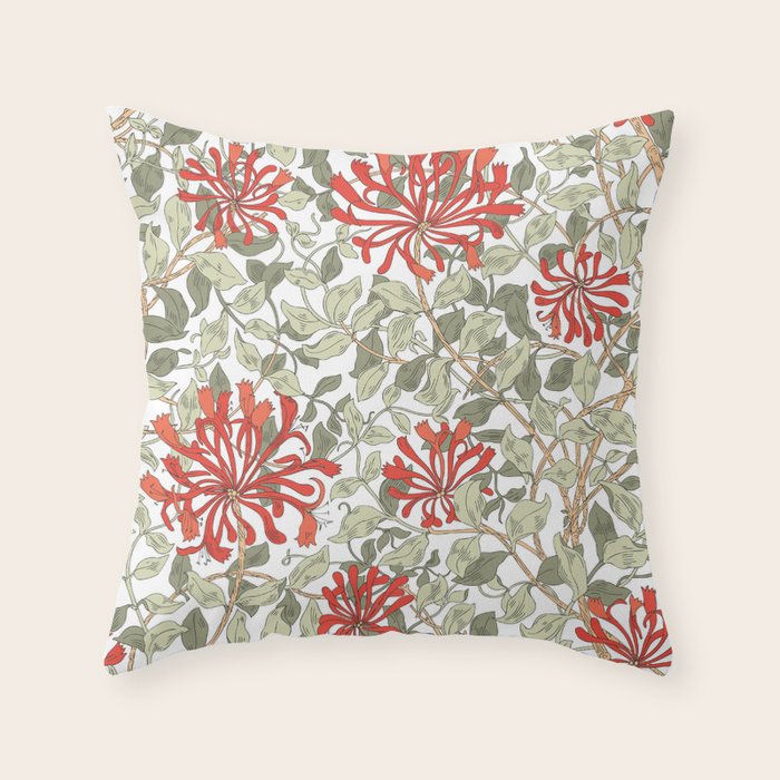 William Morris Honeysuckle Floral Coral Red Green & White Throw Pillow Gallery Image 6