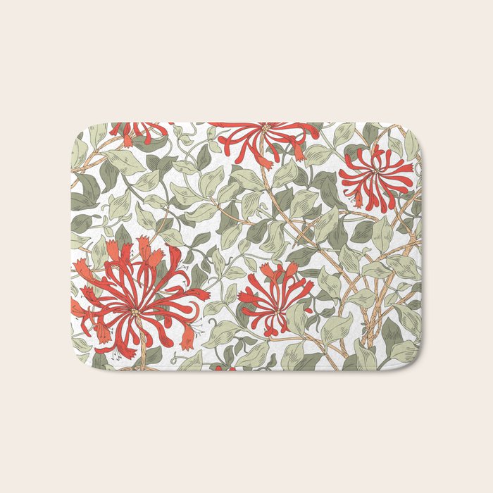 William Morris Honeysuckle Floral Coral Red Green & White Bath Mat Gallery Image 1