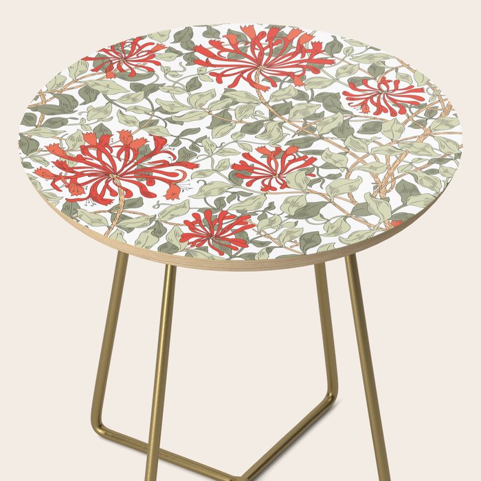 William Morris Honeysuckle Floral Coral Red Green & White Side Table Gallery Image 2