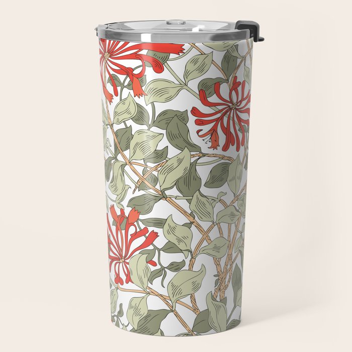 William Morris Honeysuckle Floral Coral Red Green & White Travel Mug Gallery Image 2