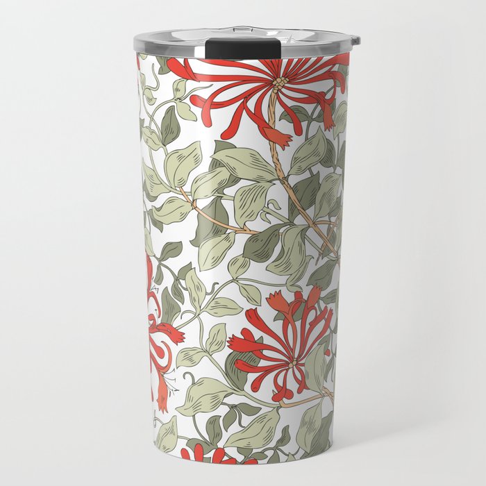 William Morris Honeysuckle Floral Coral Red Green & White Travel Mug Gallery Image 1
