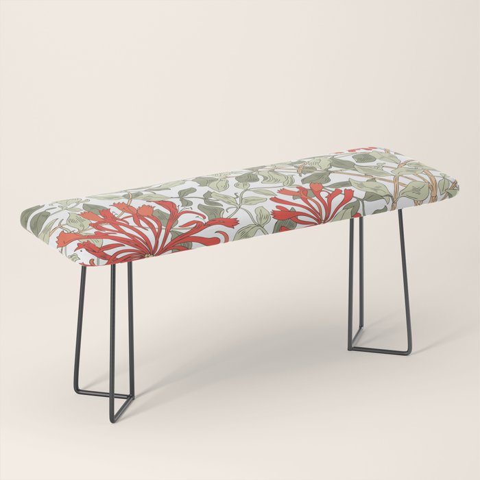 William Morris Honeysuckle Floral Coral Red Green & White Bench Gallery Image 1