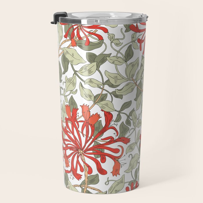 William Morris Honeysuckle Floral Coral Red Green & White Travel Mug Gallery Image 3