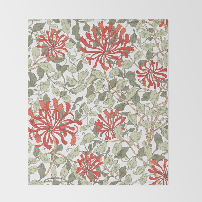William Morris Honeysuckle Floral Coral Red Green & White Throw Blanket Gallery Image 2