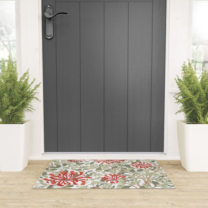 William Morris Honeysuckle Floral Coral Red Green & White Welcome Mat Gallery Image 3