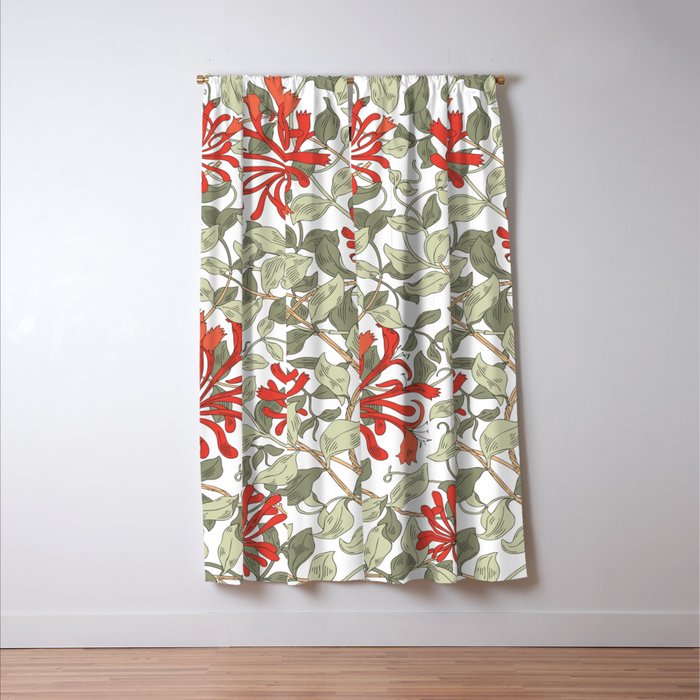 William Morris Honeysuckle Floral Coral Red Green & White Window Curtain Gallery Image 3