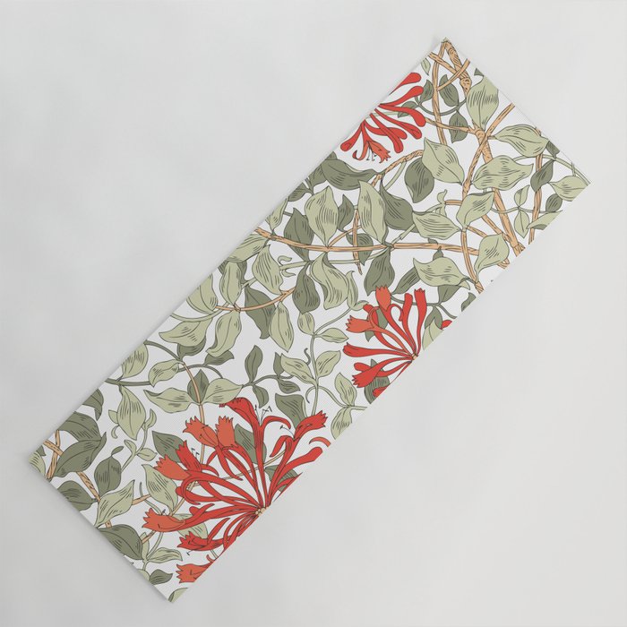 William Morris Honeysuckle Floral Coral Red Green & White Yoga Mat Gallery Image 1
