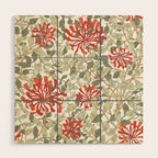 William Morris Honeysuckle Floral Coral Red Green & White Wood Wall Art Gallery Image 1