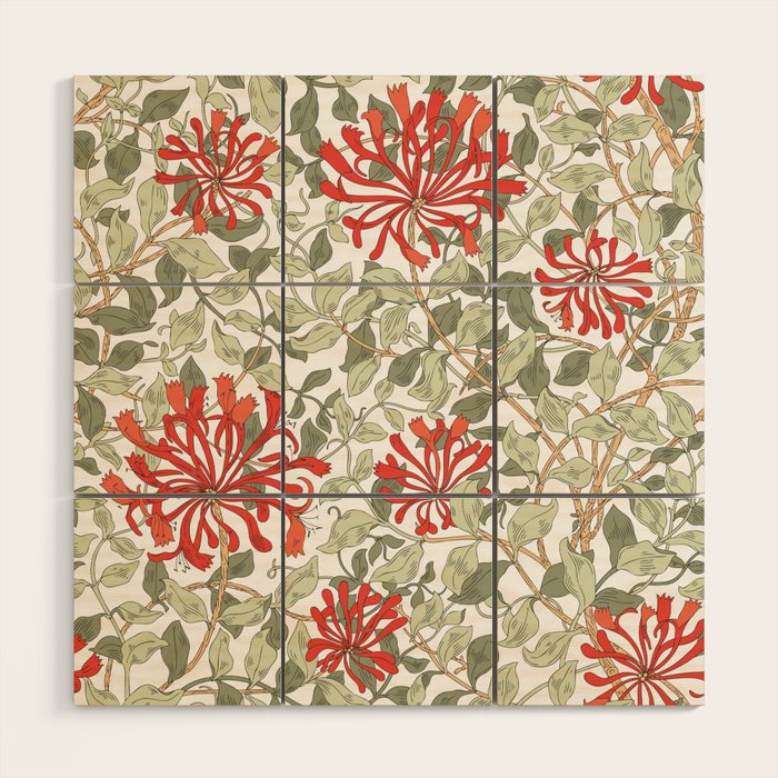William Morris Honeysuckle Floral Coral Red Green & White Wood Wall Art Gallery Image 1
