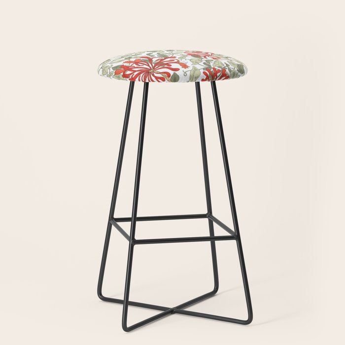 William Morris Honeysuckle Floral Coral Red Green & White Stool Gallery Image 1