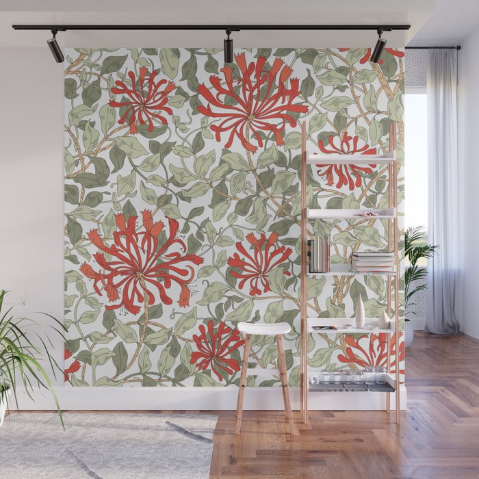 William Morris Honeysuckle Floral Coral Red Green & White Wall Mural Gallery Image 1