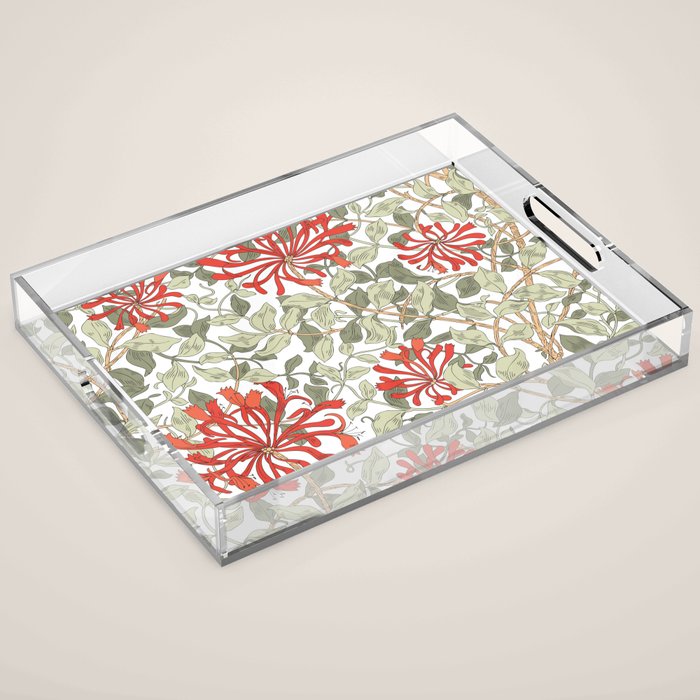 William Morris Honeysuckle Floral Coral Red Green & White Acrylic Tray Gallery Image 1