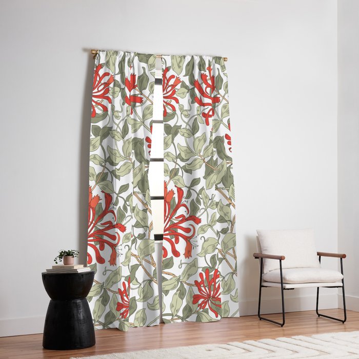 William Morris Honeysuckle Floral Coral Red Green & White Window Curtain Gallery Image 2