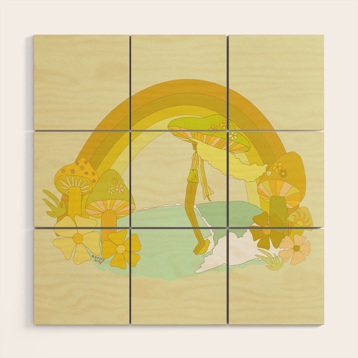 Mushy mushroom longboard surf retro floral daydreams by surfy birdy Wood Wall Art Gallery Image 1