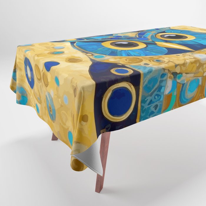 Gustav Klimt Style Blue and Gold Owl Tablecloth Gallery Image 1