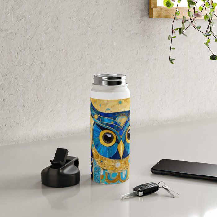 Gustav Klimt Style Blue and Gold Owl Water Bottle Gallery Image 4
