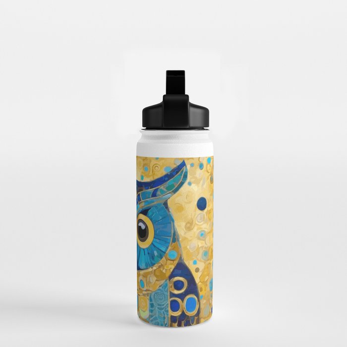 Gustav Klimt Style Blue and Gold Owl Water Bottle Gallery Image 2