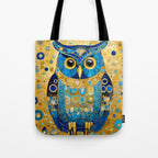 Gustav Klimt Style Blue and Gold Owl Tote Bag Gallery Image 1