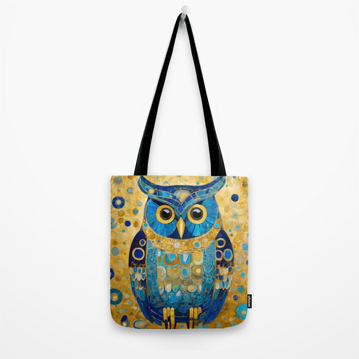 Gustav Klimt Style Blue and Gold Owl Tote Bag Gallery Image 2