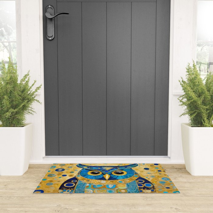 Gustav Klimt Style Blue and Gold Owl Welcome Mat Gallery Image 3