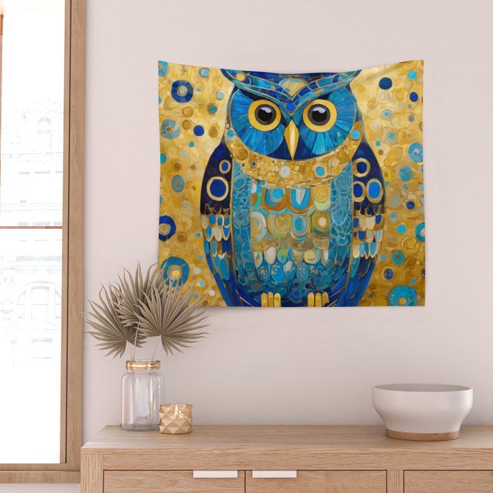 Gustav Klimt Style Blue and Gold Owl Wall Tapestry Gallery Image 2