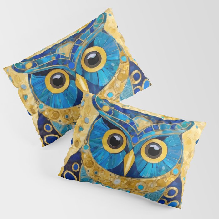 Gustav Klimt Style Blue and Gold Owl Pillow Sham Gallery Image 3