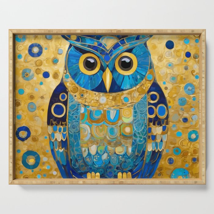 Gustav Klimt Style Blue and Gold Owl Serving Tray Gallery Image 1