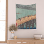 Vintage Japanese Woodblock Print Art - Sudden Shower Over Shin Ohashi Bridge And Atake By Utagawa Hiroshige, 1850's. Wall Tapestry Gallery Image 2