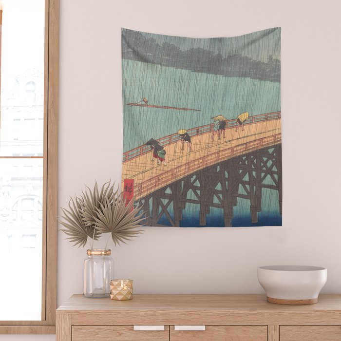 Vintage Japanese Woodblock Print Art - Sudden Shower Over Shin Ohashi Bridge And Atake By Utagawa Hiroshige, 1850's. Wall Tapestry Gallery Image 2