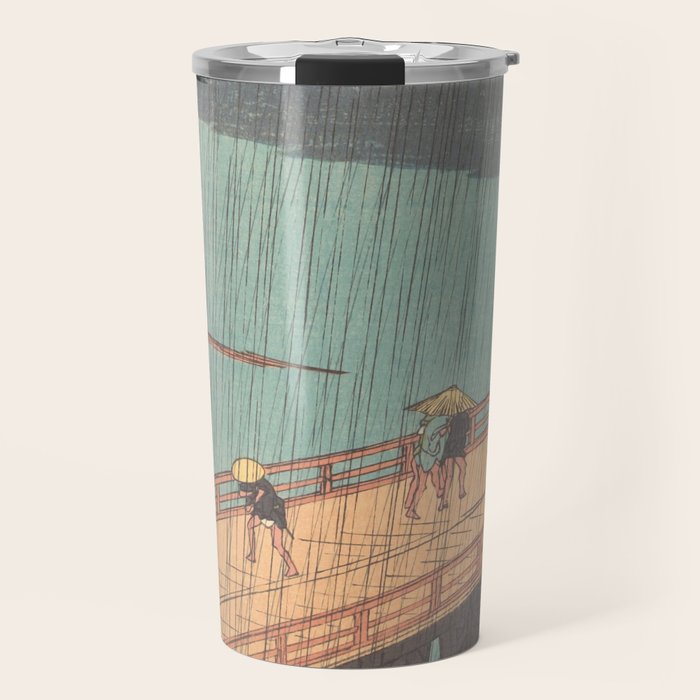 Vintage Japanese Woodblock Print Art - Sudden Shower Over Shin Ohashi Bridge And Atake By Utagawa Hiroshige, 1850's. Travel Mug Gallery Image 1