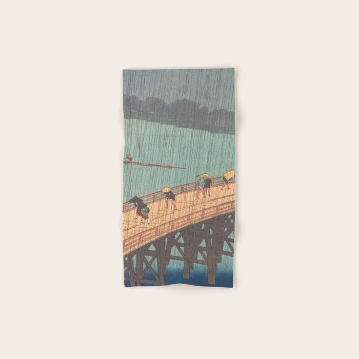 Vintage Japanese Woodblock Print Art - Sudden Shower Over Shin Ohashi Bridge And Atake By Utagawa Hiroshige, 1850's. Bath Towel Gallery Image 1