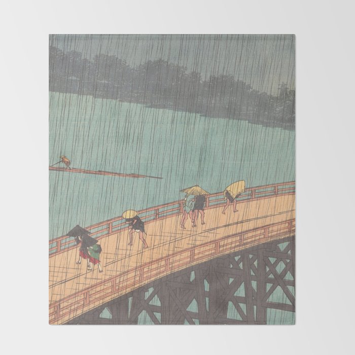 Vintage Japanese Woodblock Print Art - Sudden Shower Over Shin Ohashi Bridge And Atake By Utagawa Hiroshige, 1850's. Throw Blanket Gallery Image 2