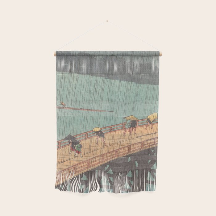 Vintage Japanese Woodblock Print Art - Sudden Shower Over Shin Ohashi Bridge And Atake By Utagawa Hiroshige, 1850's. Wall Hanging Gallery Image 1