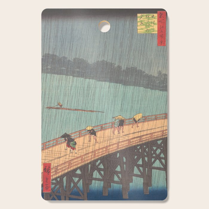 Vintage Japanese Woodblock Print Art - Sudden Shower Over Shin Ohashi Bridge And Atake By Utagawa Hiroshige, 1850's. Cutting Board Gallery Image 1
