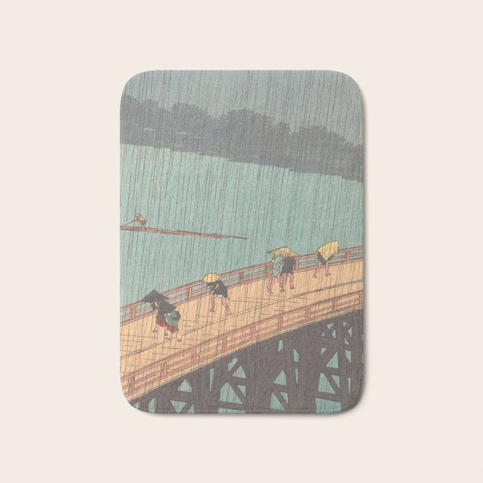 Vintage Japanese Woodblock Print Art - Sudden Shower Over Shin Ohashi Bridge And Atake By Utagawa Hiroshige, 1850's. Bath Mat Gallery Image 1