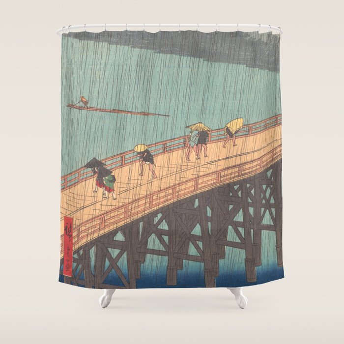 Vintage Japanese Woodblock Print Art - Sudden Shower Over Shin Ohashi Bridge And Atake By Utagawa Hiroshige, 1850's. Shower Curtain Gallery Image 1