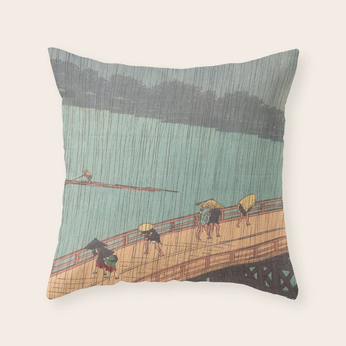 Vintage Japanese Woodblock Print Art - Sudden Shower Over Shin Ohashi Bridge And Atake By Utagawa Hiroshige, 1850's. Throw Pillow Gallery Image 6
