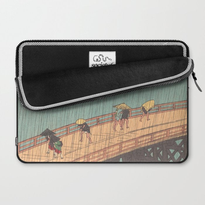 Vintage Japanese Woodblock Print Art - Sudden Shower Over Shin Ohashi Bridge And Atake By Utagawa Hiroshige, 1850's. Laptop Sleeve Gallery Image 2