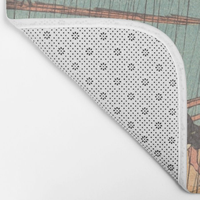 Vintage Japanese Woodblock Print Art - Sudden Shower Over Shin Ohashi Bridge And Atake By Utagawa Hiroshige, 1850's. Bath Mat Gallery Image 2