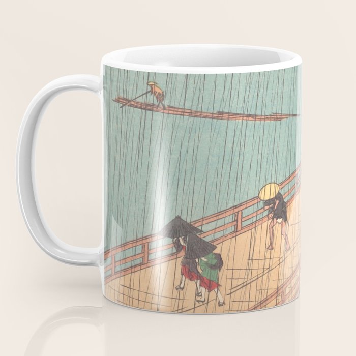 Vintage Japanese Woodblock Print Art - Sudden Shower Over Shin Ohashi Bridge And Atake By Utagawa Hiroshige, 1850's. Coffee Mug Gallery Image 3
