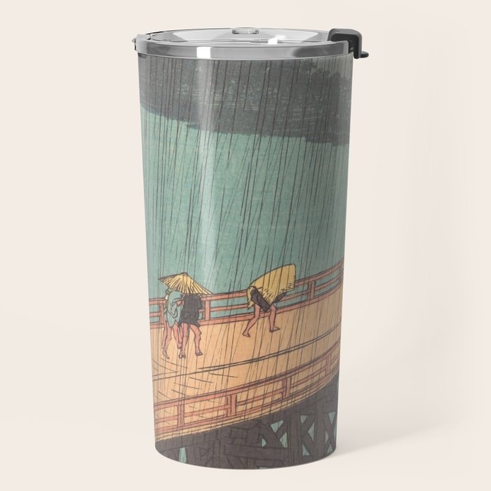Vintage Japanese Woodblock Print Art - Sudden Shower Over Shin Ohashi Bridge And Atake By Utagawa Hiroshige, 1850's. Travel Mug Gallery Image 2