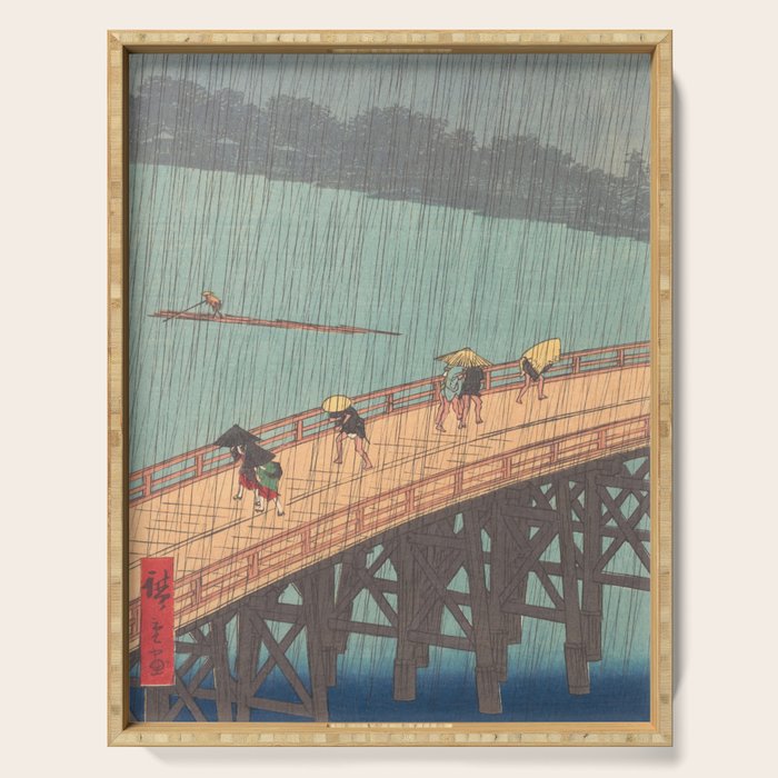 Vintage Japanese Woodblock Print Art - Sudden Shower Over Shin Ohashi Bridge And Atake By Utagawa Hiroshige, 1850's. Serving Tray Gallery Image 1