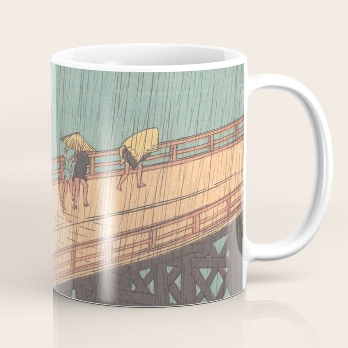 Vintage Japanese Woodblock Print Art - Sudden Shower Over Shin Ohashi Bridge And Atake By Utagawa Hiroshige, 1850's. Coffee Mug Gallery Image 1