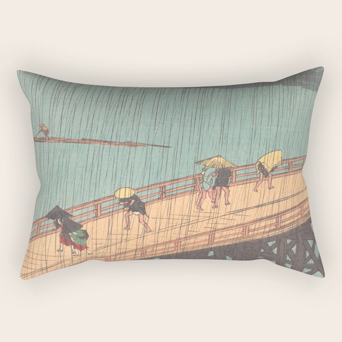 Vintage Japanese Woodblock Print Art - Sudden Shower Over Shin Ohashi Bridge And Atake By Utagawa Hiroshige, 1850's. Rectangular Pillow Gallery Image 1