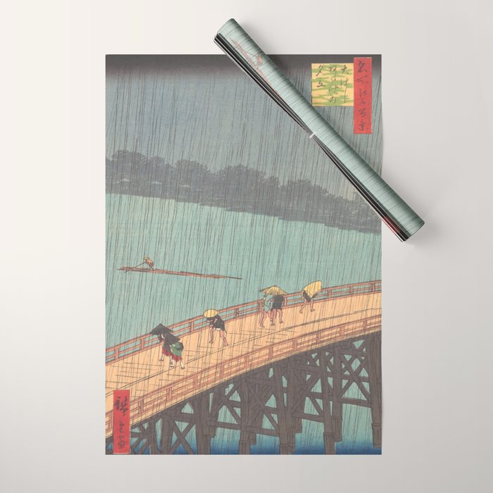 Vintage Japanese Woodblock Print Art - Sudden Shower Over Shin Ohashi Bridge And Atake By Utagawa Hiroshige, 1850's. Wrapping Paper Gallery Image 1