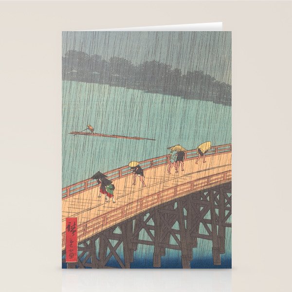 Vintage Japanese Woodblock Print Art - Sudden Shower Over Shin Ohashi Bridge And Atake By Utagawa Hiroshige, 1850's. Stationery Card Gallery Image 1